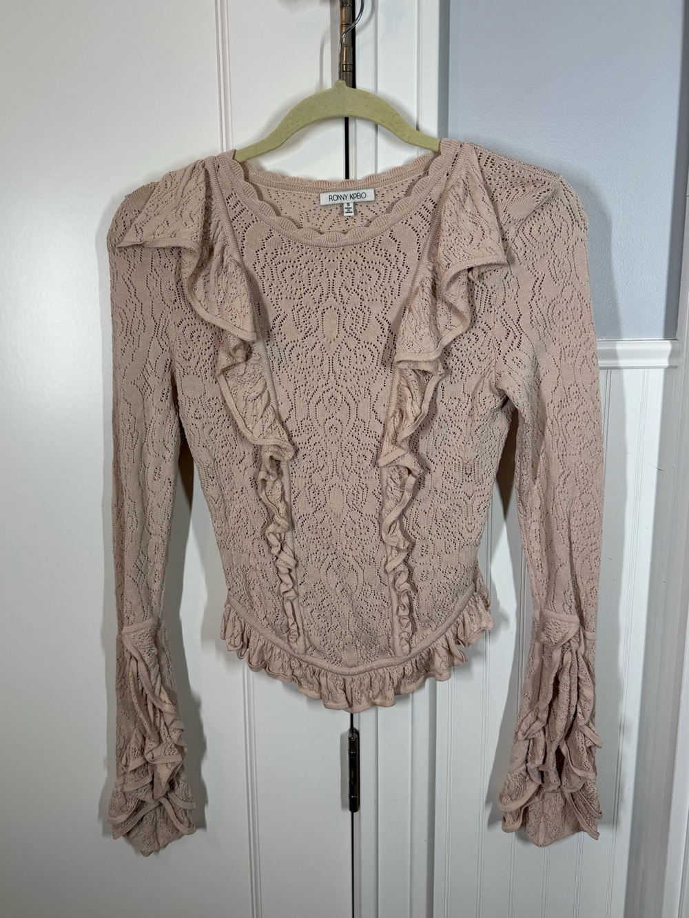 Ronny Kobo Tan Pointelle Open-Knit Bell Sleeve Ruffle Sweater Top Size Small